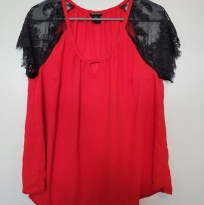 Torrid. Red Blouse with Black Lace Shoulder